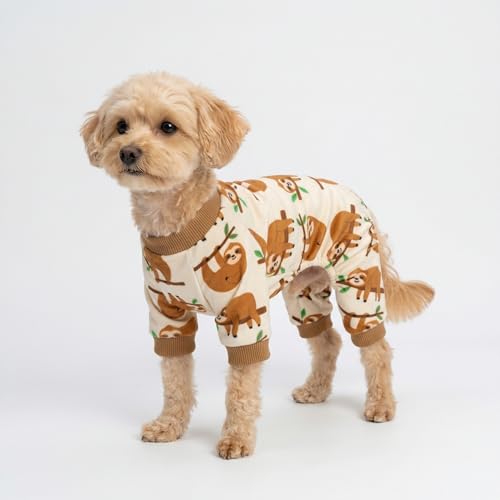 Image of Fitwarm Sloth Dog Fleece Pajamas, Soft Winter Clothes for Small Dogs Boy Girl, Funny Pet Outfit, Brown, Cream, Large