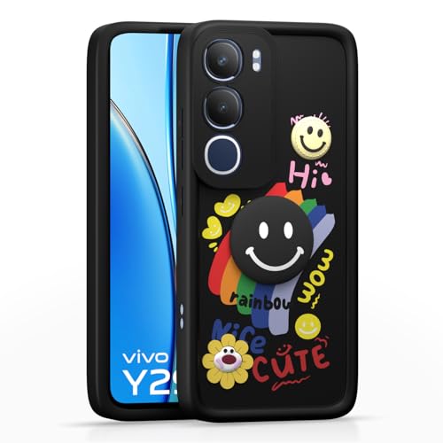 Image of Pikkme Back Cover for Vivo Y29 5G / Vivo Y19s | Soft Silicone| Cute Rainbow Smile & 3D Cartoon Flower Design | Shockproof Raised Camera Protection Bumper Case (Black)