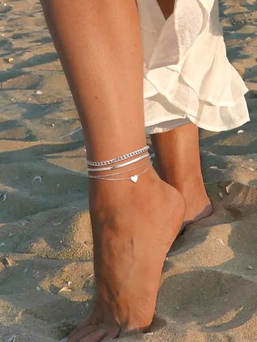 Image of FindChic Black /Silver /Gold Plated Anklets Set of 2PCS /3PCS Herringbone Chain Cuban Link Heart Charm Sparkling Tennis Ankle Bracelets, Waterproof Summer Foot Jewelry for Beach
