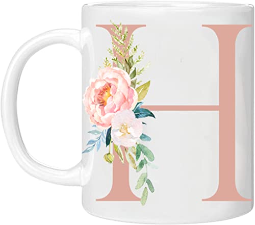 MOBILE STUFF Personalised Floral Mug Letter H -Any Alphabet 11oz Ceramic Coffee/Tea Cup Gift for Christmas, Birthday, Secret Santa, Mother’s Day or Father’s Printed Glitter, NOT Real Glitter (Rose H)