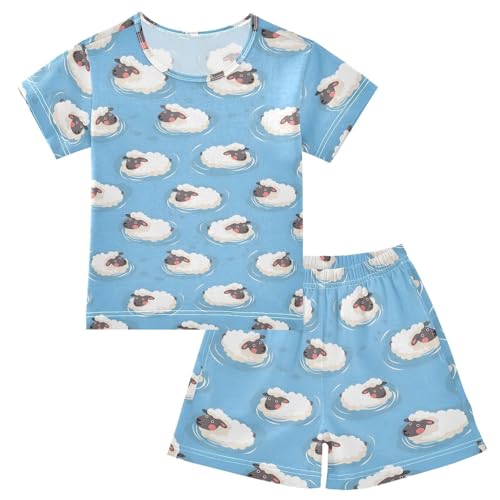 ALAZA Sheep Swimming Blue Pajamas Short Sleeve 2 Piece Sleepwear Top and Bottom Pajama Set Unisex