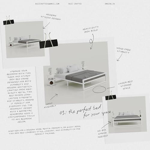 Image of Queen Size Metal Bed Frame | Queen Metal Bed | QueenSize Iron Bed | Queen Steel Bed | Heavy Duty Platform Bed | Double Bed Cot | Metal Cot | No Box Spring Needed | Bedroom, Hotel & Guest Room