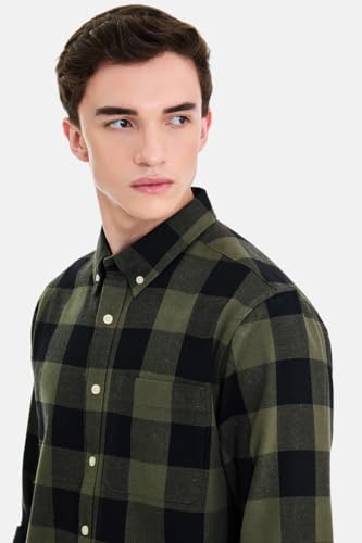 Image of SNITCH Men Casual Plus Size Shirt | Regular Fit Long Sleeve Spread Collar Plaid Pattern | 100% Cotton & Breathable Dobby Fabric for Casual Office Wear & Stylish Everyday Use