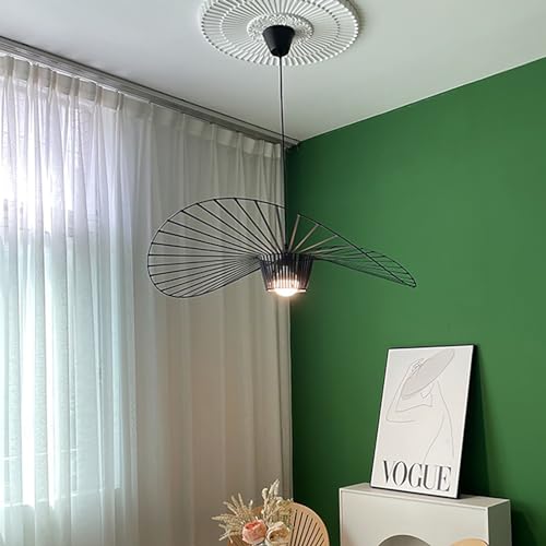 Image of Modern Black Woven Chandelier, 31.5 inch Farmhouse Coastal Hat Pendant Light Fixtures Matte Black Handwoven Shade Boho Pendant Hanging Lamp for Kitchen Dining Room Bedroom Foyer Hallway