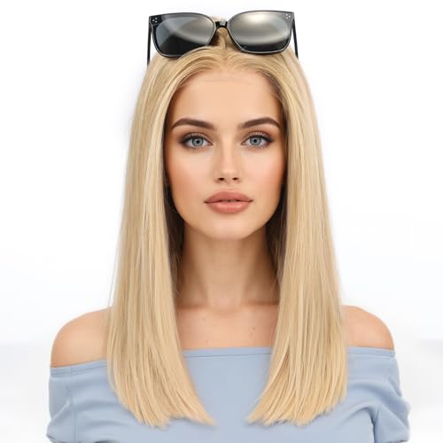 Image of KKU 16 Inch Human Hair Wigs for Women,5x5 Lace Front Wigs Human Hair,wigs for women (Golden Blonde)