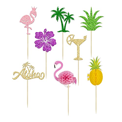 Gyufise 32Pcs Tropical Cupcake Toppers Aloha Cupcake Picks Flamingo Cake Toppers Hawaiian Luau Cake Decorations For Aloha Baby Shower Tropical Wedding Party Decor #TOP2