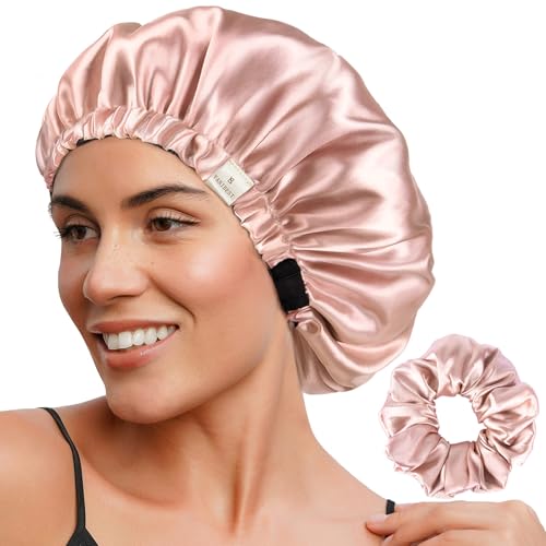 YANIBEST Doppelschichtige Satinhaube Seidenhaube zum Schlafen Verstellbare Haube für Frauen mit lockigem natürlichem Haar