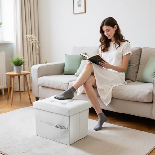 Image of Bsketa Storage Ottoman Bench,16 Inch Folding Leather Foot Rest Stool, White | Small Ottoman with Side Pockets, Thicker Foam Padded Seat, Livingroom, Dorm, Bedroom, Easy to install, 38L, 16x12x12in
