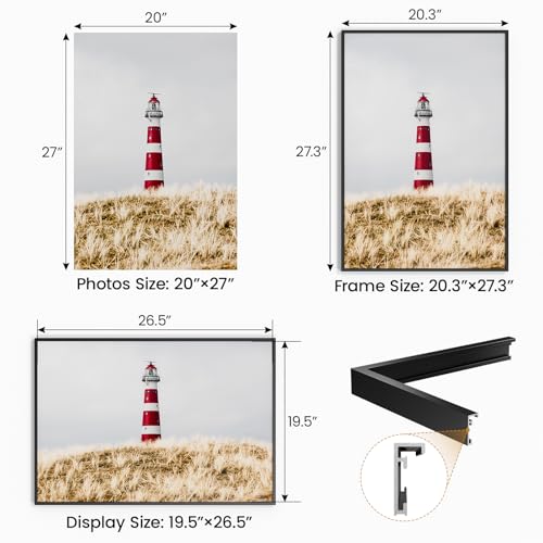 Image of 20x27 Aluminum Metal Picture Frame,Tempered Glass Black Large 20 x 27 Poster Frame for Puzzles Photos or Artwork to Wall Mount Horizontal or Vertical for Decor House,Office,Hotel