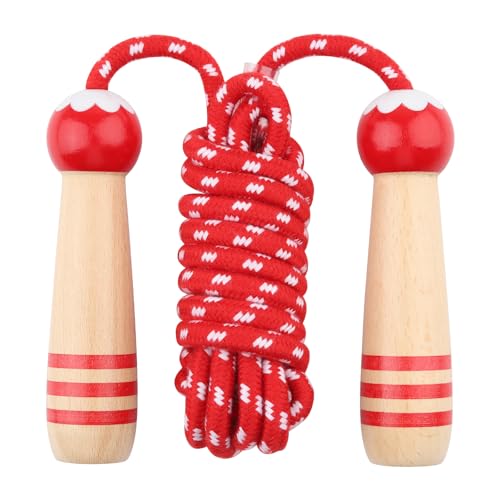 Lorvain Jump Rope for Kids, 8.5FT Adjustable Cotton Skipping Rope with Wooden Handle for Girls and Boys Fitness Workout Exercise Outdoor Activity, Red Jump Rope