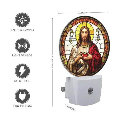 Image of Round LED Night Lights Lamp with Dusk to Dawn Sensor, Jesus Christ with Sacred Heart in Hands Night Light Plug Into Wall for Kids Room, Bedroom, Bathroom, Kitchen, Hallway