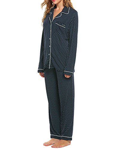 Ekouaer Long Sleeve Pj Set with Pajama Longs with Pj Pants(Dark Blue,Small)