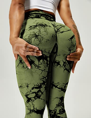 Qoq Womens Tie Dye High Waisted Workout Leggings Seamless Scrunch Booty Butt Lift Yoga Pants Tummy Control Compression Tights Army Green M #TOP4