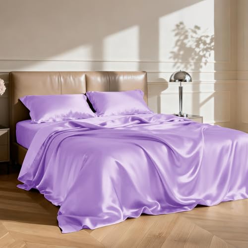 Image of Love's cabin Twin Satin Sheets Sets - 3 Piece Lavender Silky Bed Sheets with Deep Pockets, Luxury Silk Feel Satin Twin Size Sheet Set Bedding Set (1 Flat Sheet,1 Fitted Sheet,1 Pillow case)