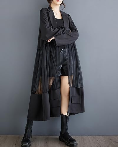 Women's Shirt Dress Long Sleeve Buttoned Tulle See Through Solid Patchwork Loose GZ3042