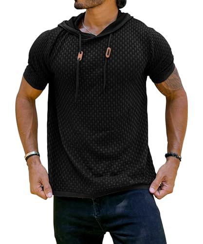 Zaitun Men's Short Sleeve Hoodie Shirt Casual Waffle Knitted Pullover Sweater