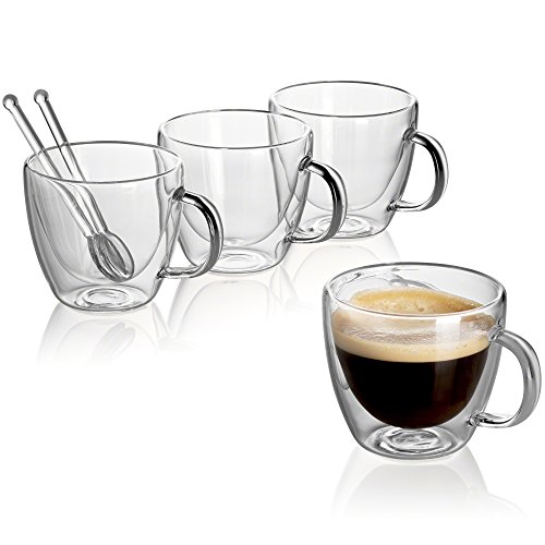 Espresso Cups - Extra-Strong Double Wall Insulated Glasses - Espresso Mug Set of 4. 5.4 Oz | Plus 2 Mini Coffee Spoon ( glass )