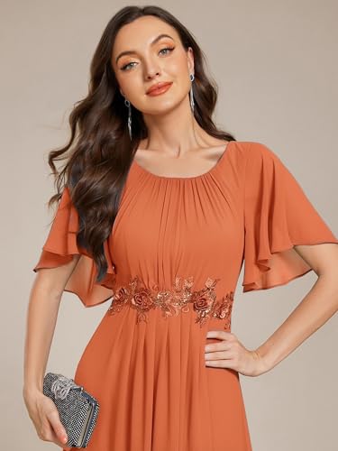 Image of Ever-Pretty Women's Classic Round Neck Pleated Short Sleeves Chiffon Appliques Floor Length A Line Formal Evening Dresses