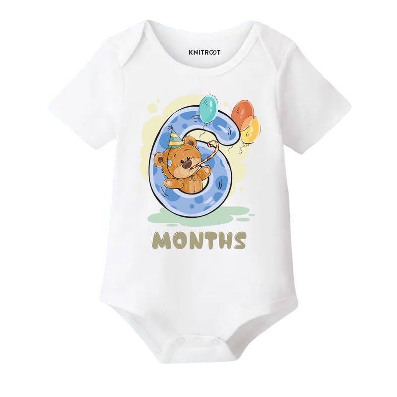 Image of Knitroot Monthly Birthday Teddy Special, Newborn Baby Half Sleeve Unisex Romper, Onesies, Sleepsuit, Body Suit, Envelope Neck, 1 to 12 Months Print, 0-12 Months, Infant Cloth for Boys & Girls