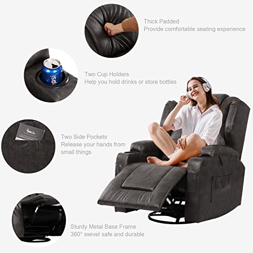 Vuyuyu Manual Recliner Chair, Faux Leather 360 Degree Swivel Rocker Recliner Chairs For Living Room, Home Theater Single Sofa Seat With Drink Holders/Lumbar Pillow/Side Pockets (Black Grey), (Xp7066) #TOP5