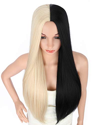 Sotica 28" Cosplay Wigs for Women Half Blonde and Half Black Color Middle Parted Long Silky Smooth Straight High Temperature Synthetic Full Hair Wigs - Thumbnail 5