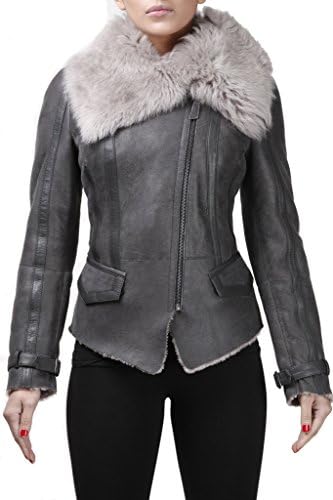 Women&#39;s Grey Short Real Toscana Shearling Sheepskin Wool Flying Jacket