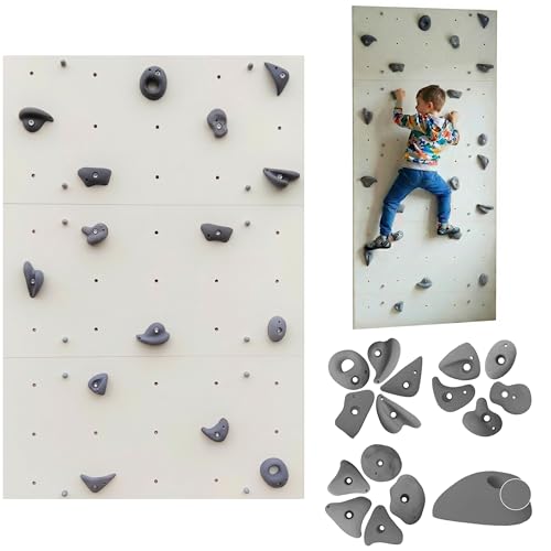 Create for you - Kletterwand für Kinderzimmer - Viereckig - Weiß - Indoor - Heimklettergerüst - Spielplatz - Trainingsgeräte für Zuhause - 3X Wandpaneel 150x100 cm - mit 15 grauen Griffen/Steinen