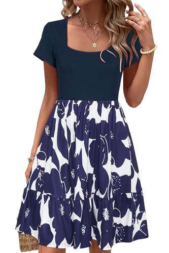 Image of Newshows Women's 2026 Summer Casual Square Neck Ruffle A Line Beach Vacation Sundress Work Business Dress with Pockets