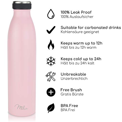 Milu Termo Botella de Agua 500ml, 750ml, 1l - Acero Inoxidable - Aislamiento de Vacío de Doble Pared - Libre BPA (Rosa… - Imagen 3