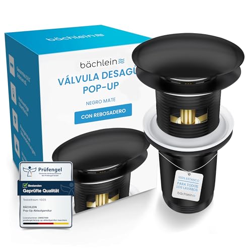 Bächlein Desagüe Universal con Rebosadero para Lavabo & Lavamanos - Válvula Pop Up Automática Negra Mate - Incl. 3 Juntas para Todo Tipo de Lavabos, Válvula de Desagüe - Instalación con Instrucciones