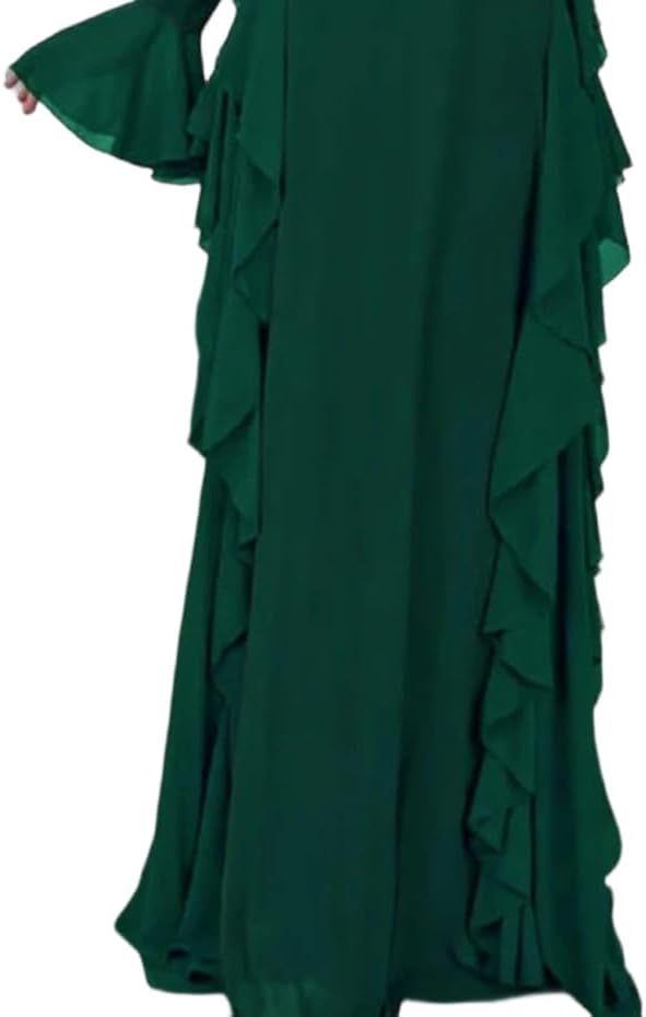 Ladies' Elegant Stand up Collar Ruffle Chiffon Dress with Flared Sleeves and Waist Cinched Long Banquet Dress
