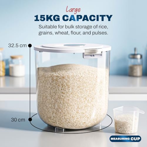 Image of Zuhi Airtight Grocery Storage Box for Kitchen | Moisture-Proof BPA-Free Kitchen Food Storage Jar for Rice, Cereals, Grains & Pulses | Transparent BPA-Free Container with Flip Lid (15 Kg)