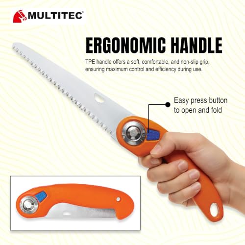 Image of MULTITEC 10-Inch Foldable Pruning Saw HPS21 | SK5 Steel Japanese-Tooth Blade | Curved Cutting Saw for Trees, Branches & Garden Pruning | Non-Slip Handle for Outdoor Use
