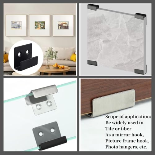 Image of TileDisplay Wall Hanger, 8 Pcs Stainless Steel Wall Mount Brackets Hook, Heavy Duty Tile Hanger for Mirrors, Picture Frame Ceramic Wall Display (Black Inner Width 10mm /0.39 inch)