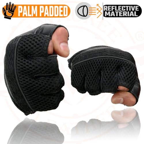 Image of Milwaukee Leather SH198 Men's Black Flame Embroidered Fingerless Gloves with Gel Palm | Padded Comfort; Vibration Relief; Flame Embroidery