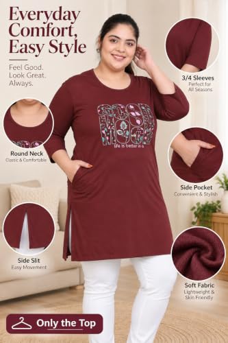Image of RYSH Women's Plus Size Printed Nightshirt | Round Neck | 3 /4 Sleeve | Relaxed Fit Long Nightwear Top |