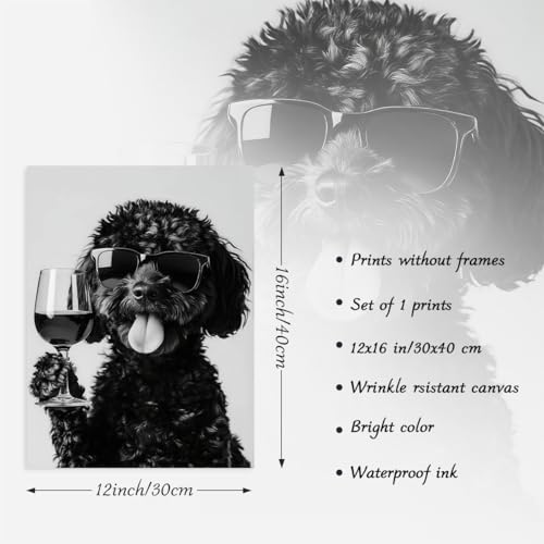 Dazzlewall Lustiges Tier Bild Hund trinkt Wein, Schwarz Weiß Hunde Bild, Dog Posters for Home Living Room Entrance Hall Decor 12×16 in Ungerahmt