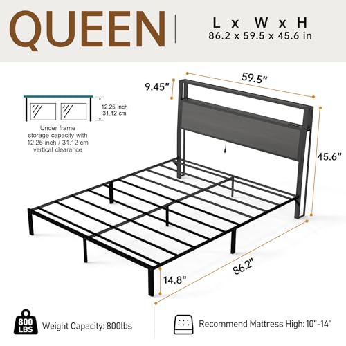 Image of Queen Size Bed Frame with Headboard, Metal Platform Bed Frame with LED Lights & Charging Station, Under Bed Storage, Solid and Stable, No Box Spring Needed, Noise Free, Easy Assembly, Dark Grey