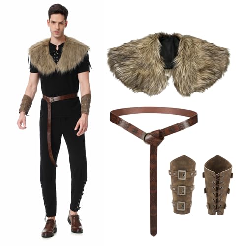 Costume de Viking 4 pièces pour adultes - Tenue viking médiévale pour homme avec châle en fausse fourrure, bracelets de protection rétro et ceinture - Déguisement...