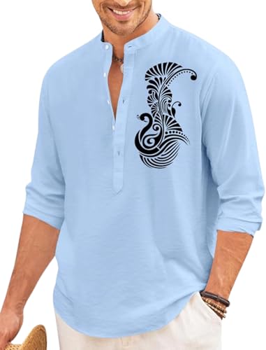 Image of FINIVO FASHION Men's Printed Cotton Blend Short Kurta with Artistic Chest Design | Stylish Full Sleeve Casual Kurta with Mandarin Collar for Daily, Travel Soft Textured