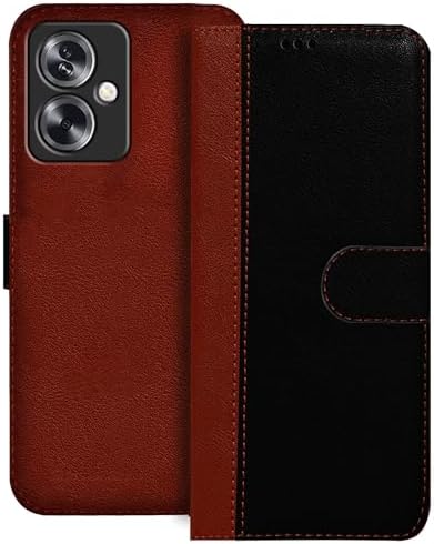 Hupshy Faux Leather Flip Case Back Cover for Oppo A79 5G Foldable Stand and Inside Card Pocket|Shockproof with 360 Degree|Magnetic Clutch Folie (Black and Brown)