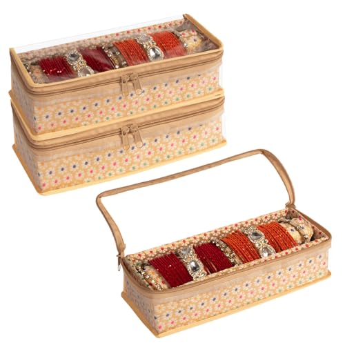 Image of HomeStrap Brocade Single Rod Bangle Box Set of 3 | Jewelry Organizer with Transparent Window & Zip Closure | Storage Case for Bangles, Bracelets, Watches & Fashion Accessories | Golden
