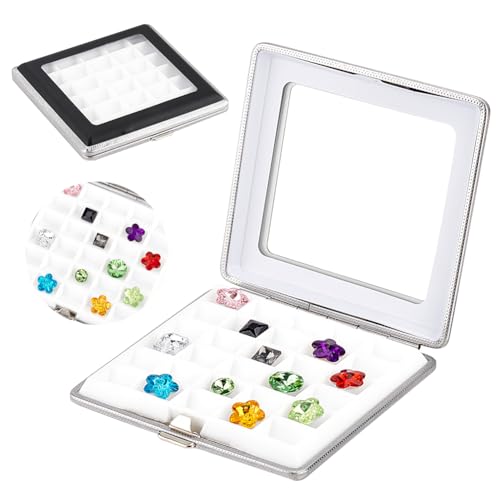 OLYCRAFT ルースボックス 30グリッド 9.5x9.7x1.8cm ルースケース PUレザー 窓口付き ブラック プラスチック 宝石箱 ディスプレイケース 金具 留め具 ジュエリー収納ケース 収納ボックス 防埃 防傷
