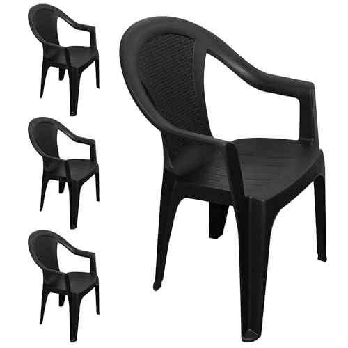 Spetebo Stapelbarer Gartenstuhl in anthrazit - 4er Set - Monoblock in Rattan Optik aus Kunststoff - Stapelstuhl Kunststoffstuhl