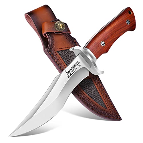 Japaknives Cuchillo de supervivencia Hoja fija, M390 Acero Full Tang Sharp Cuchillo de caza con mango de madera, Cuchillo para exteriores con funda de cuero, Cuchillo Bushcraft Regalo para exteriores
