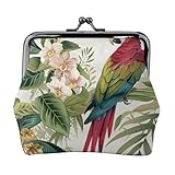 EMPYRI Geldbörse mit tropischem Blumenblatt und Papagei, bedrucktes Leder, Kiss-Lock-Geldbörse für Damen, kompakte und sichere Münzbörse