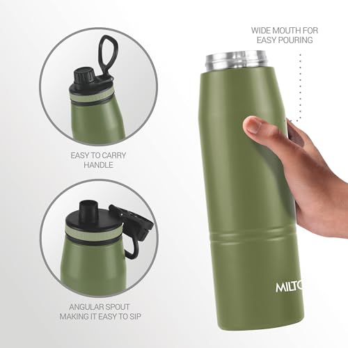 Image of Milton Sparkle 600 Thermosteel Water Bottle with Easy Sip Cap and Handle, 620 ml, Vacuum Insulated Stainless Steel, Hot and Cold, On The Go Bottle for Office College, Military Green