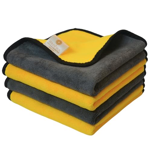 Image of MUSHIES 800 GSM Microfiber Cloth (40x40 cm, Pack of 4) Double Layered Highly Absorbent Heavy Plush Microfibre Towel Cloth for Car Cleaning, Washing, Drying, Polishing & Detailing (Yellow)