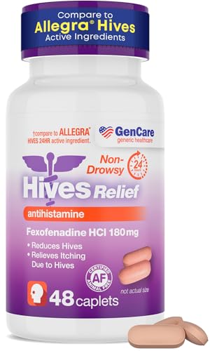 GenCare 24hr Hives Relief Allergy Medicine for Adults & Kids 12+ Fexofenadine 180mg 24 Hour Non Drowsy Antihistamine Formula Nondrowsy Allergy Relief Tablets Generic for Allegra Hives (48 Count)