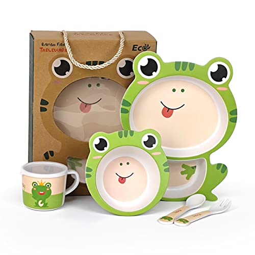 Image of Kids Plates and Bowls Sets, Toddler Frog Plate and Bowl, Kids Dinnerware Set Baby Toddler Plate Kids Self-Feeding Plate Bamboo Dinnerware Set Bowl Cup Spoon